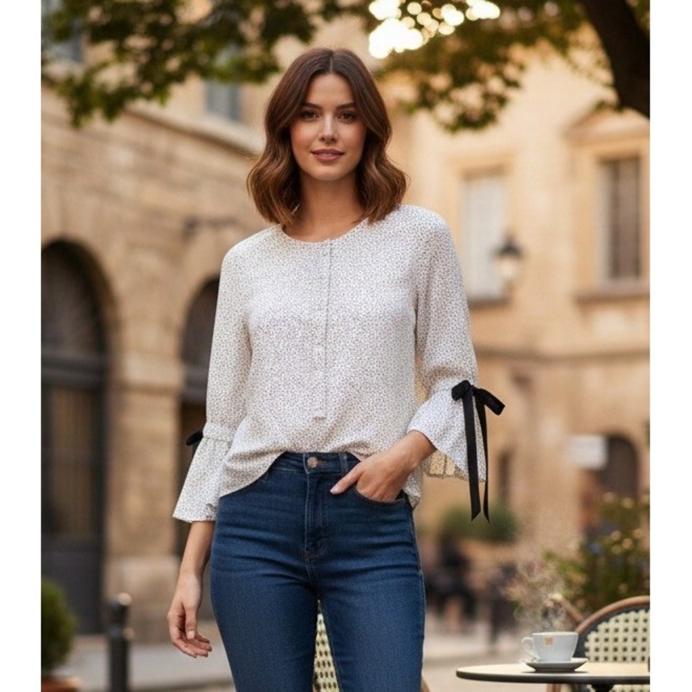 Zara Basic Women's Polka Dot Bell Sleeve Blouse Size M Career Office Work Casual